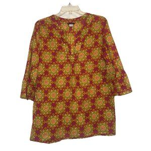 J CREW Women’s Colorful Retro Cotton V Neck Bell Sleeve Pullover Blouse Top Sz M